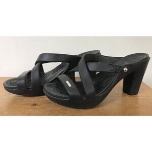 Crocs Cyprus IV Black Strappy Peep Toe Comfort High Heeled Sandals Wedges W 8